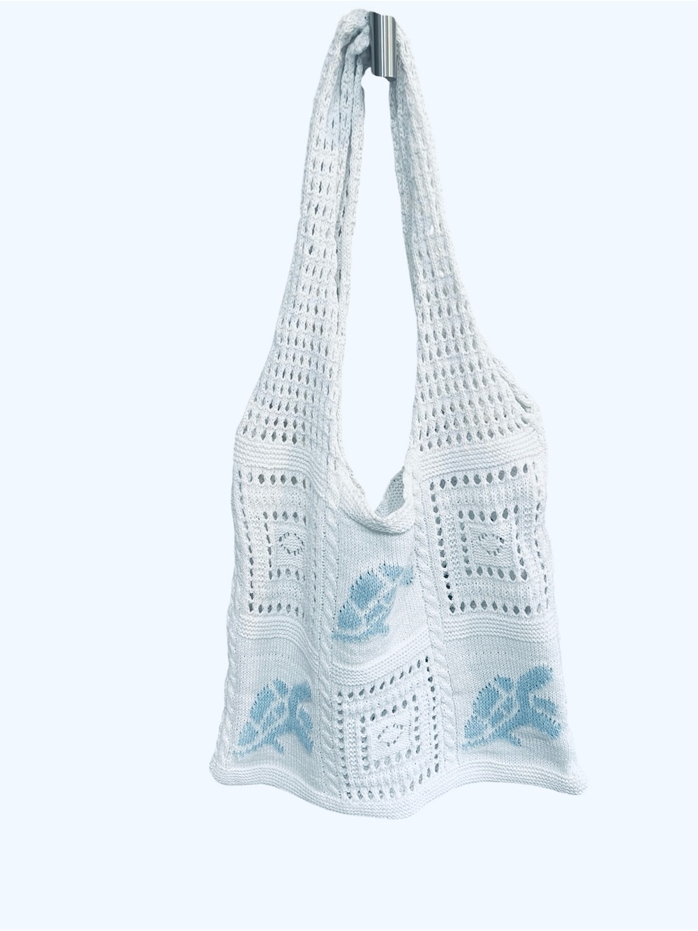 Crochet White Shoulder Bag with Blue Turtle Print